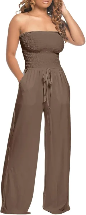 Women's Strapless Tube Top Jumpsuit Casual Off Shoulder Smocked Rompers Solid Color Wide Leg Jumpsuit with Pockets