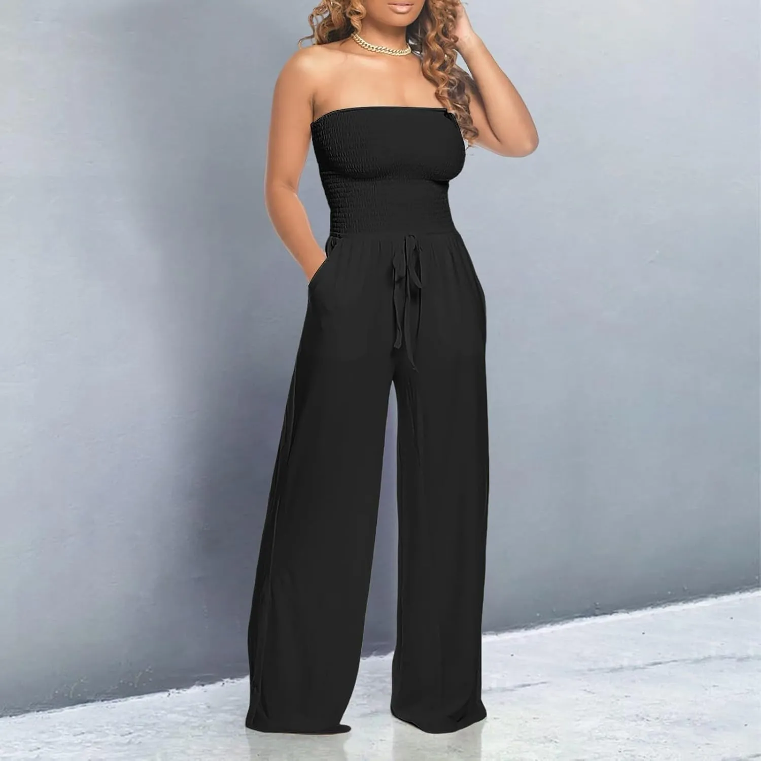 Women's Strapless Tube Top Jumpsuit Casual Off Shoulder Smocked Rompers Solid Color Wide Leg Jumpsuit with Pockets