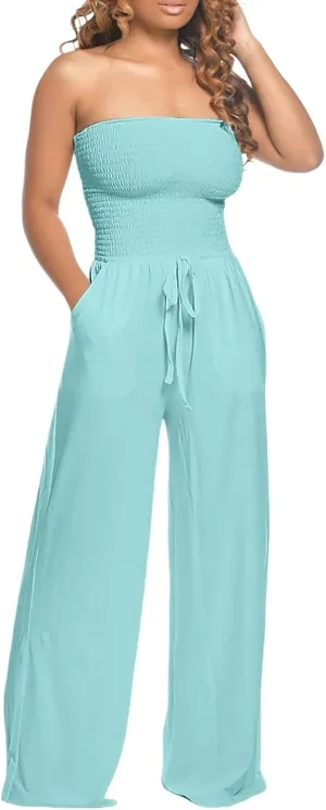 Women's Strapless Tube Top Jumpsuit Casual Off Shoulder Smocked Rompers Solid Color Wide Leg Jumpsuit with Pockets