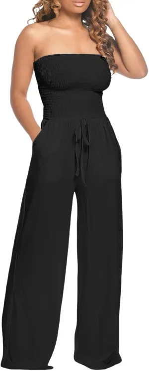 Women's Strapless Tube Top Jumpsuit Casual Off Shoulder Smocked Rompers Solid Color Wide Leg Jumpsuit with Pockets