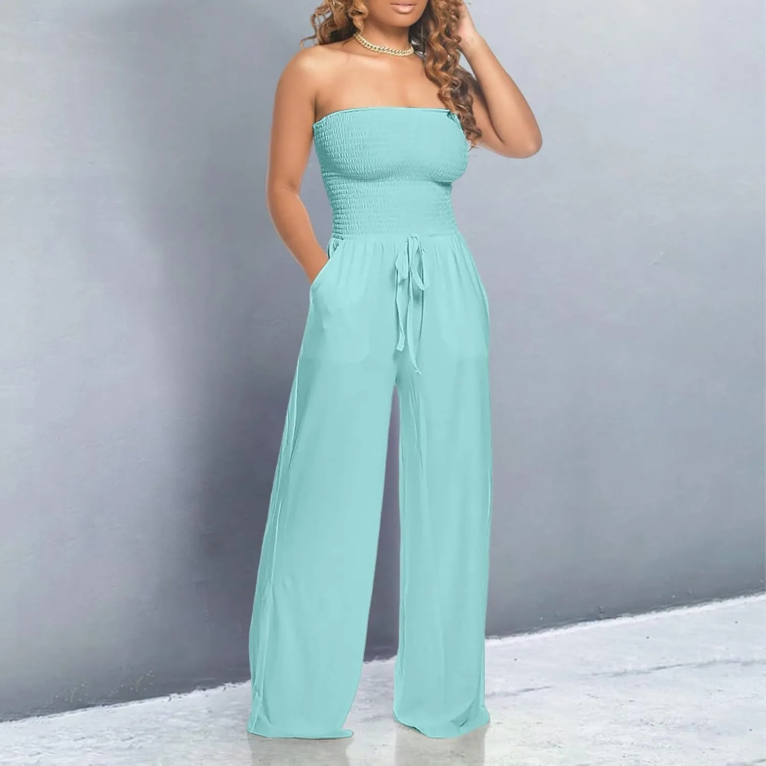 Women's Strapless Tube Top Jumpsuit Casual Off Shoulder Smocked Rompers Solid Color Wide Leg Jumpsuit with Pockets