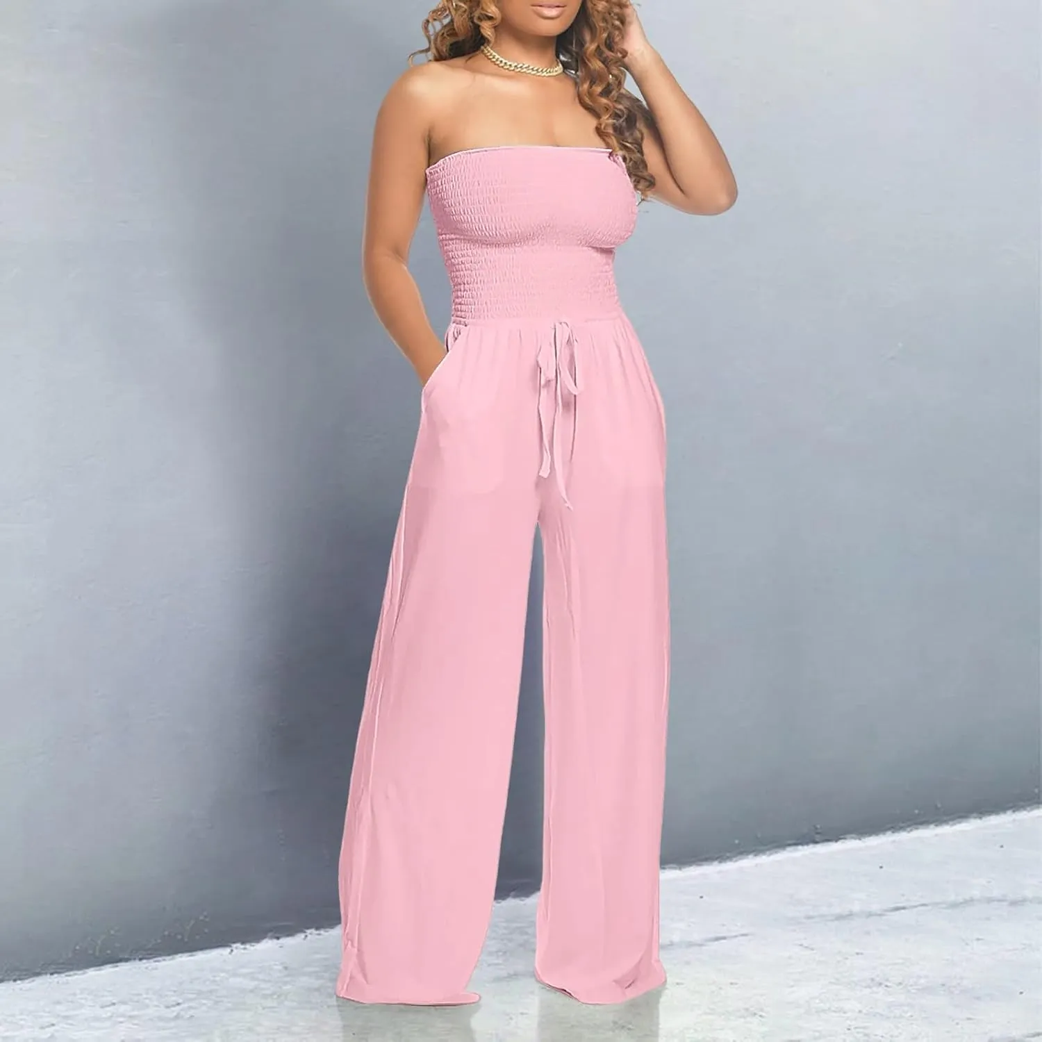 Women's Strapless Tube Top Jumpsuit Casual Off Shoulder Smocked Rompers Solid Color Wide Leg Jumpsuit with Pockets
