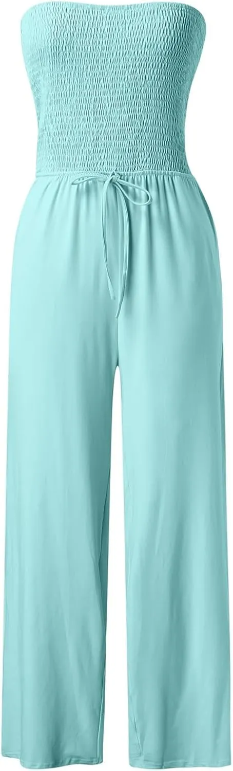 Women's Strapless Tube Top Jumpsuit Casual Off Shoulder Smocked Rompers Solid Color Wide Leg Jumpsuit with Pockets