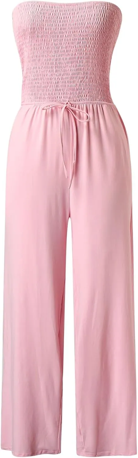 Women's Strapless Tube Top Jumpsuit Casual Off Shoulder Smocked Rompers Solid Color Wide Leg Jumpsuit with Pockets