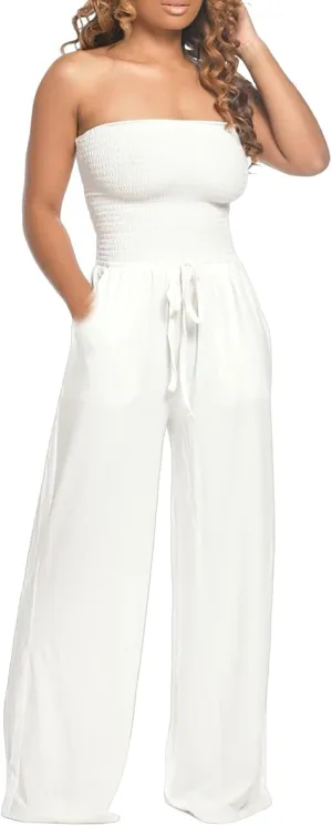 Women's Strapless Tube Top Jumpsuit Casual Off Shoulder Smocked Rompers Solid Color Wide Leg Jumpsuit with Pockets
