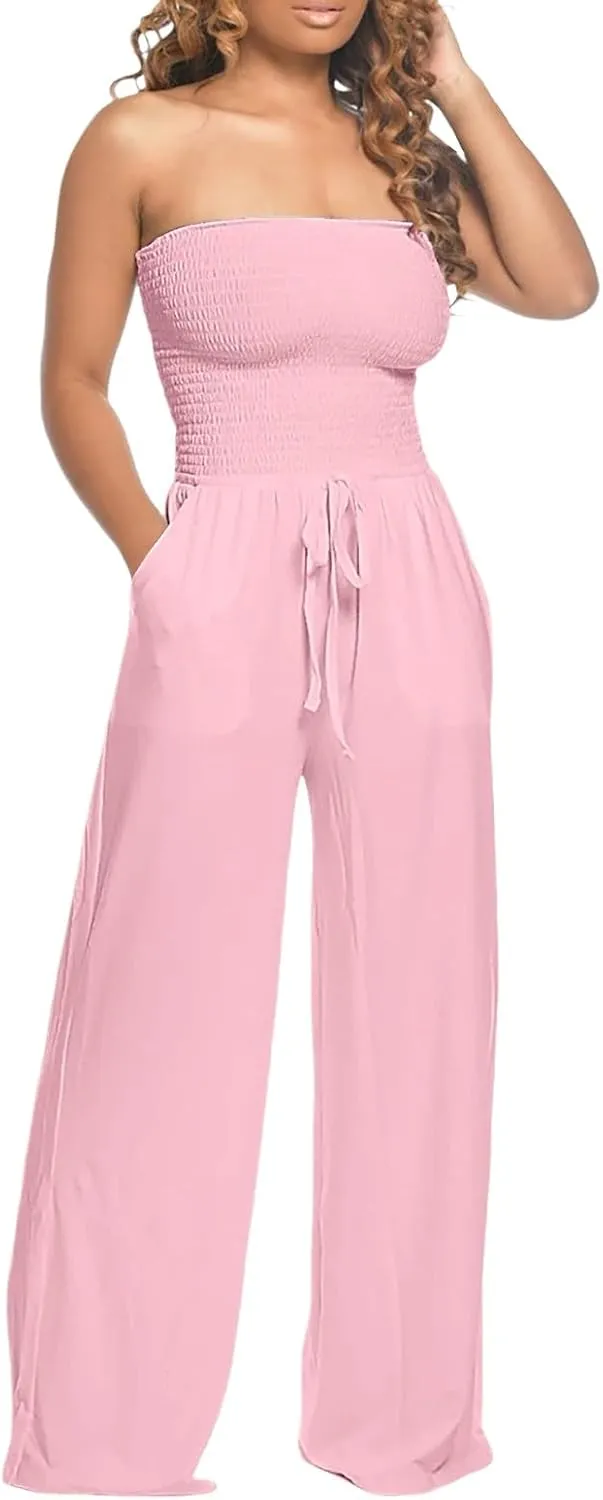 Women's Strapless Tube Top Jumpsuit Casual Off Shoulder Smocked Rompers Solid Color Wide Leg Jumpsuit with Pockets