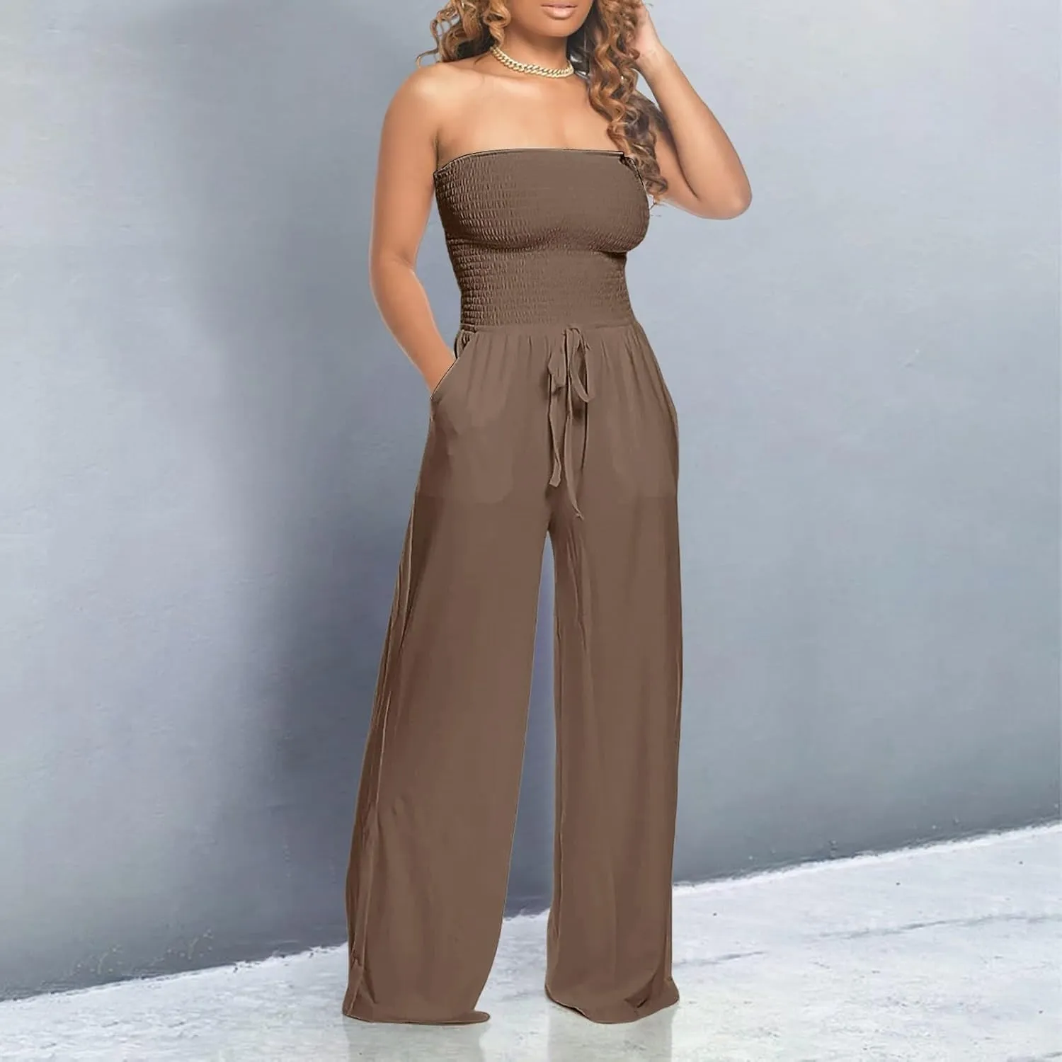 Women's Strapless Tube Top Jumpsuit Casual Off Shoulder Smocked Rompers Solid Color Wide Leg Jumpsuit with Pockets