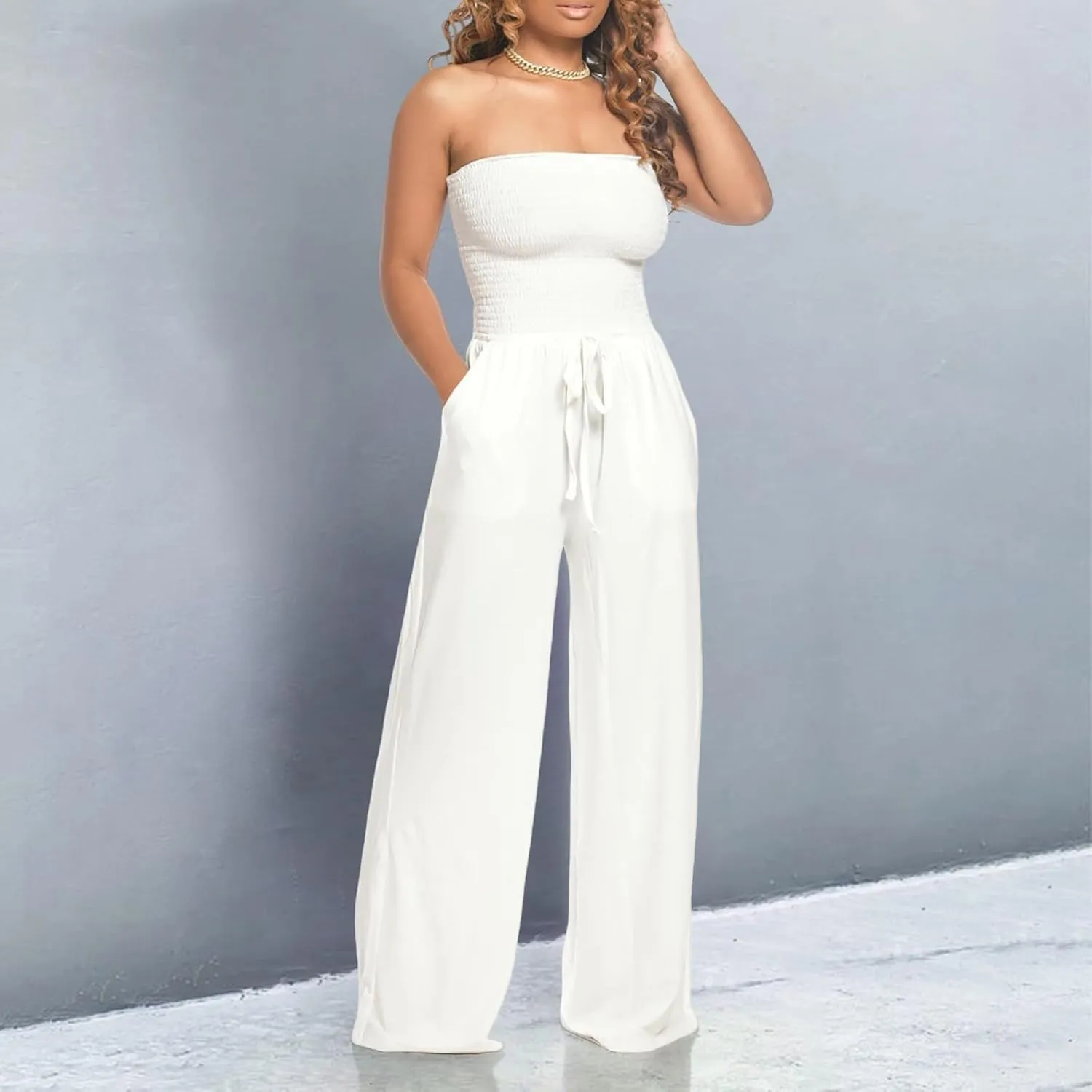 Women's Strapless Tube Top Jumpsuit Casual Off Shoulder Smocked Rompers Solid Color Wide Leg Jumpsuit with Pockets