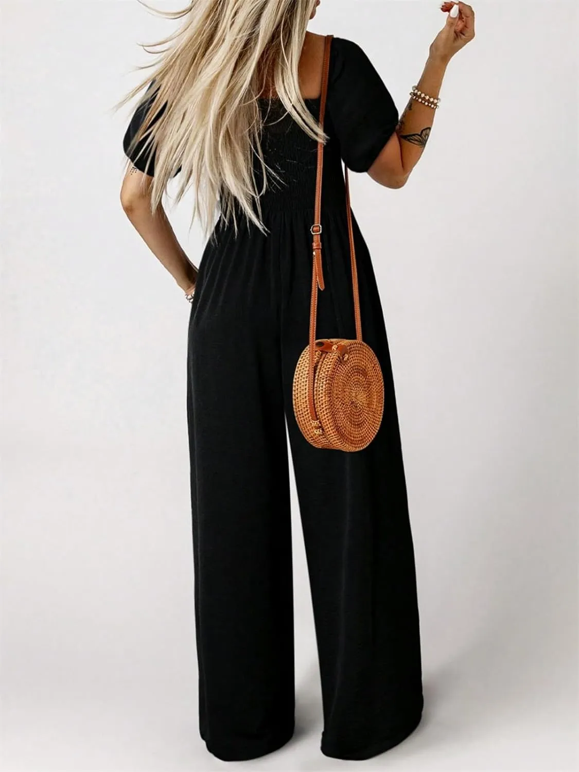 Womens Summer Jumpsuits Casual One Piece Outfits Short Sleeve Wide Leg Long Pants Rompers with Pockets