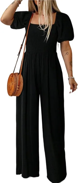 Womens Summer Jumpsuits Casual One Piece Outfits Short Sleeve Wide Leg Long Pants Rompers with Pockets