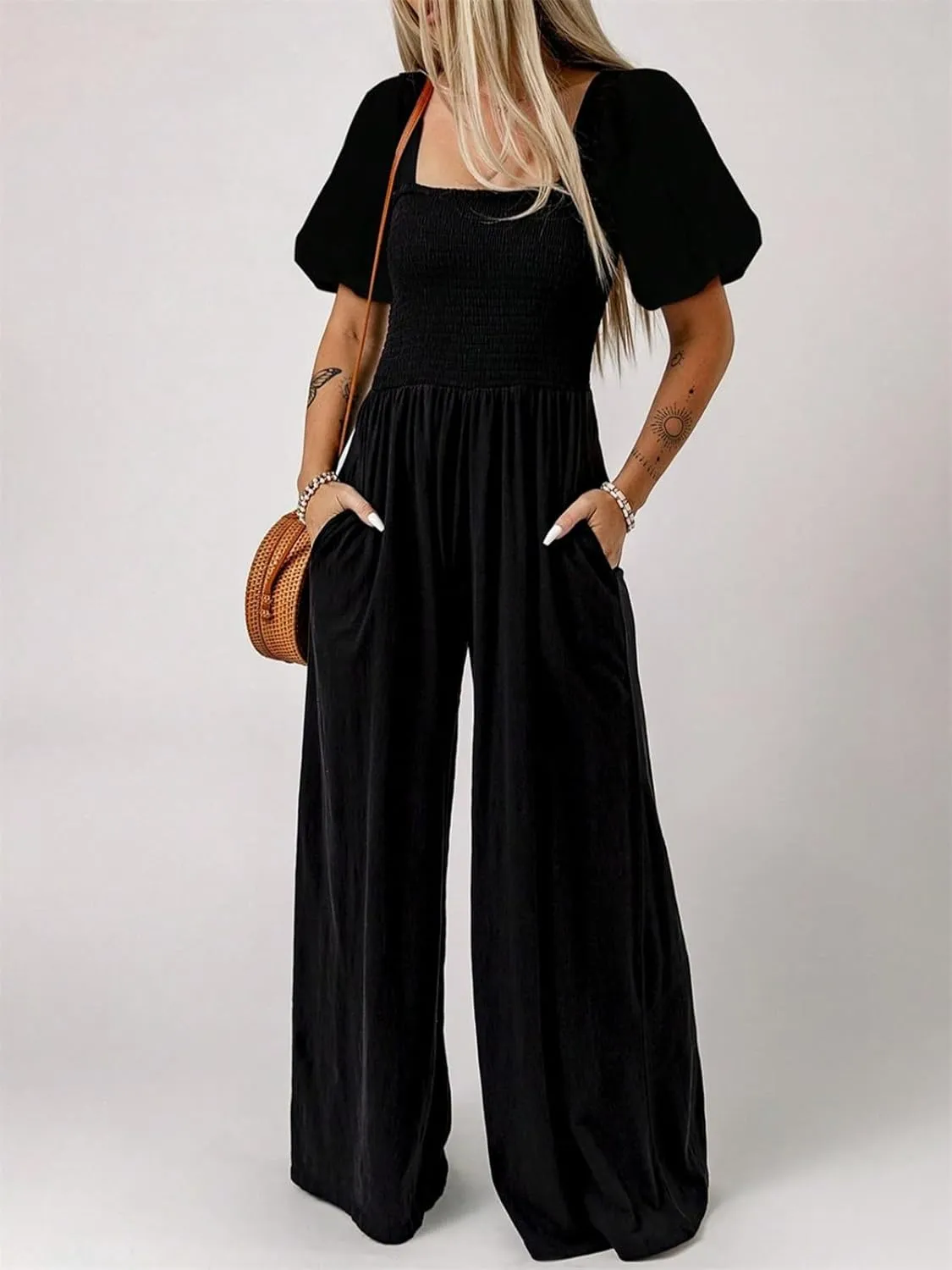 Womens Summer Jumpsuits Casual One Piece Outfits Short Sleeve Wide Leg Long Pants Rompers with Pockets