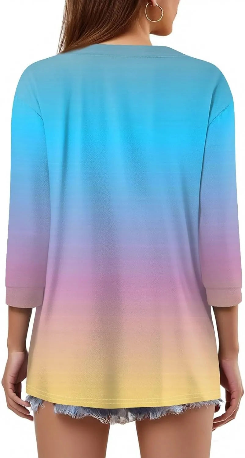 Womens Summer Tops 3/4 Length Sleeve V Neck Button Down Shirts Business Casual Outfit Basic Loose Fit Tees