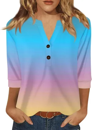 Womens Summer Tops 3/4 Length Sleeve V Neck Button Down Shirts Business Casual Outfit Basic Loose Fit Tees