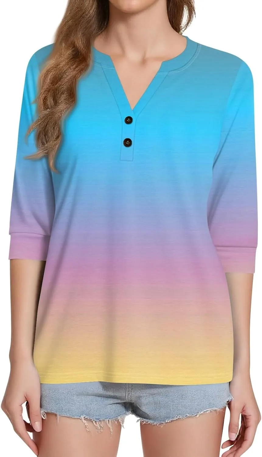 Womens Summer Tops 3/4 Length Sleeve V Neck Button Down Shirts Business Casual Outfit Basic Loose Fit Tees