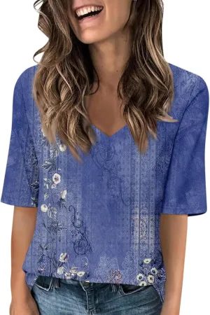 Womens Tops Half Sleeve Tops for Women Women's V Neck T Shirts Trendy Casual Print Pullover Summer Tees