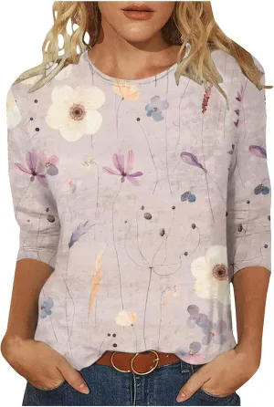 Womens Vintage Print Summer Blouses Elbow Length Casual Tops 3/4 Sleeve Tshirts Shirts Loose Fit Ladies Clothing 2024