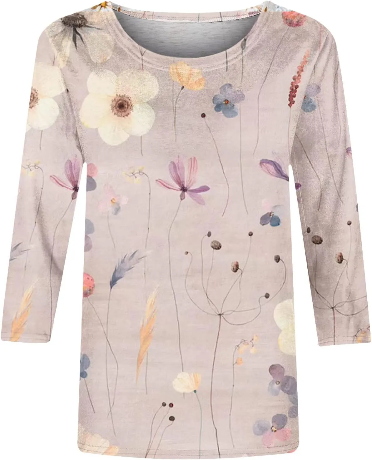 Womens Vintage Print Summer Blouses Elbow Length Casual Tops 3/4 Sleeve Tshirts Shirts Loose Fit Ladies Clothing 2024