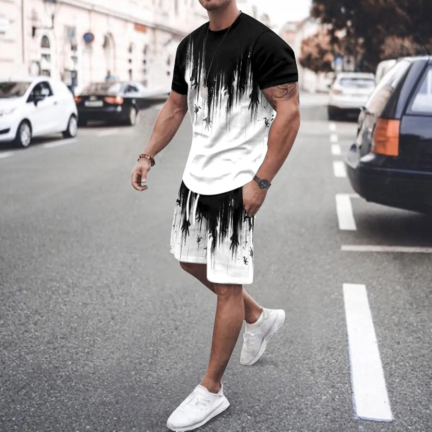 Workout Sets 2 Piece Short Sleeve Trendy Funny Graphic Tshirt Wide Leg Shorts Baggy Summer Vacation Matching Sets