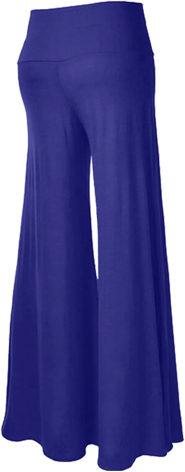 YOLAI High Waist Wide Leg Pants for Women Loose Solid Color Comfy Stretch Trousers Yoga Palazzo Exercise Pants (Blue, L)