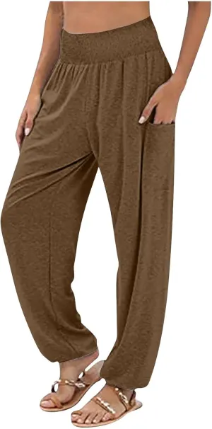 YUHGODO Harem Pants Women, Cozy High Waist Yoga Trousers with Pockets Casual Loose Comfy Stretch Workout Lounge Pants