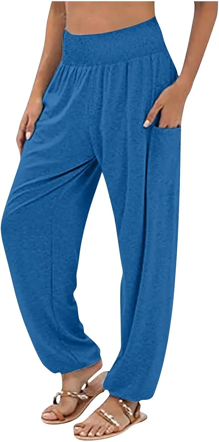 YUHGODO Harem Pants Women, Cozy High Waist Yoga Trousers with Pockets Casual Loose Comfy Stretch Workout Lounge Pants