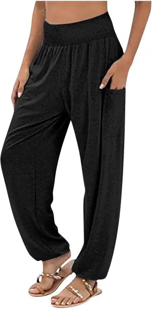 YUHGODO Harem Pants Women, Cozy High Waist Yoga Trousers with Pockets Casual Loose Comfy Stretch Workout Lounge Pants