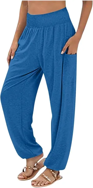 YUHGODO Harem Pants Women, Cozy High Waist Yoga Trousers with Pockets Casual Loose Comfy Stretch Workout Lounge Pants