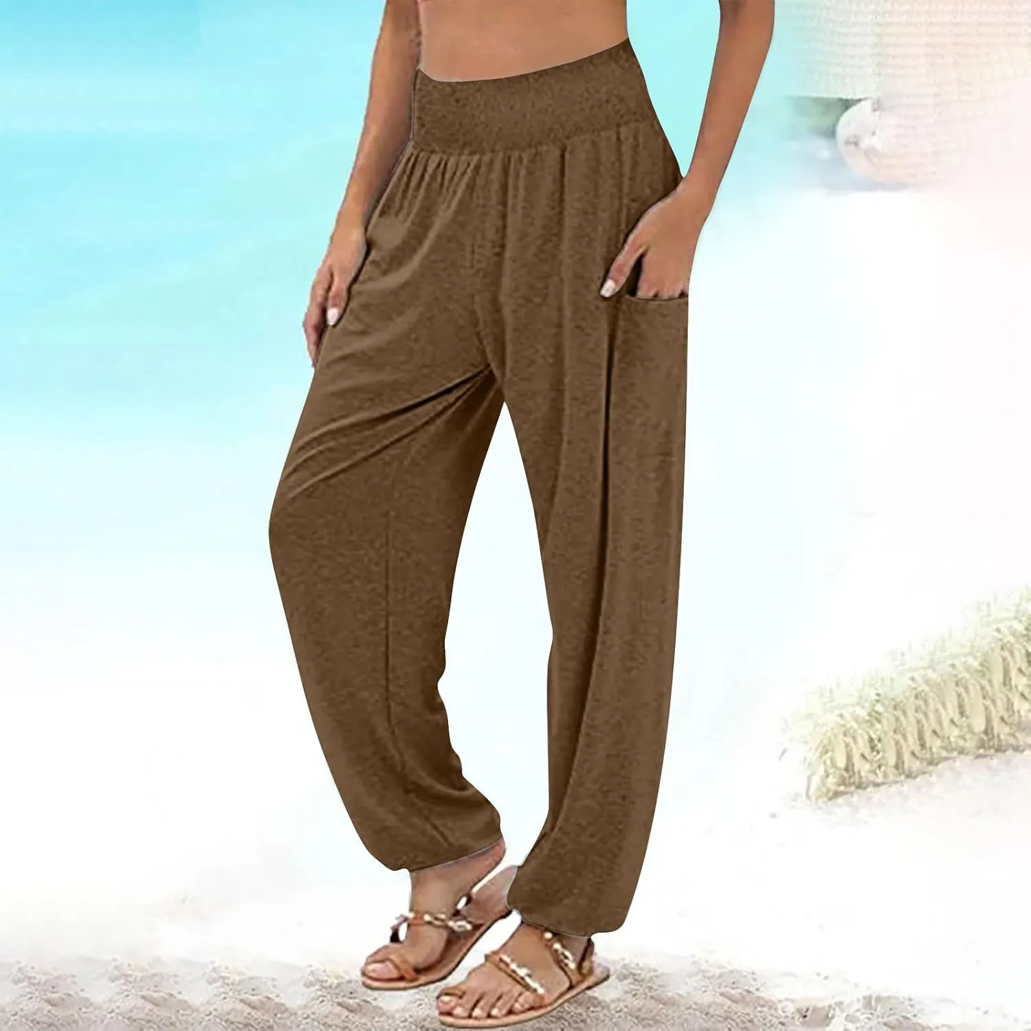 YUHGODO Harem Pants Women, Cozy High Waist Yoga Trousers with Pockets Casual Loose Comfy Stretch Workout Lounge Pants