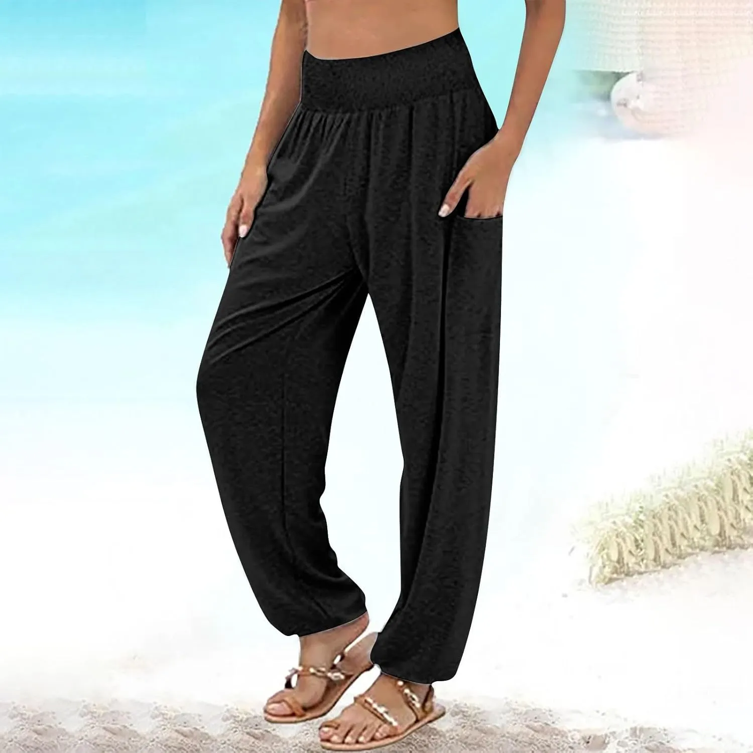 YUHGODO Harem Pants Women, Cozy High Waist Yoga Trousers with Pockets Casual Loose Comfy Stretch Workout Lounge Pants